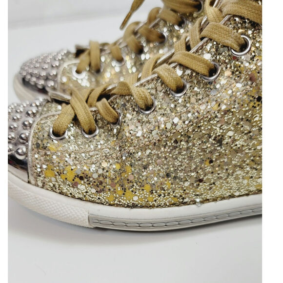 MIU MIU Gold Glitter High Tops w Silver Studded Cap Toe Sneakers, sz 38 EU/ 8 US - Picture 6 of 16